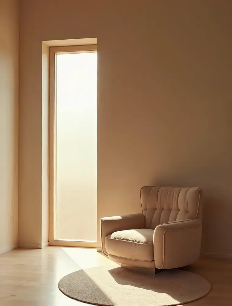 Minimalistische woonkamer met een baan namiddagzon over de vloer