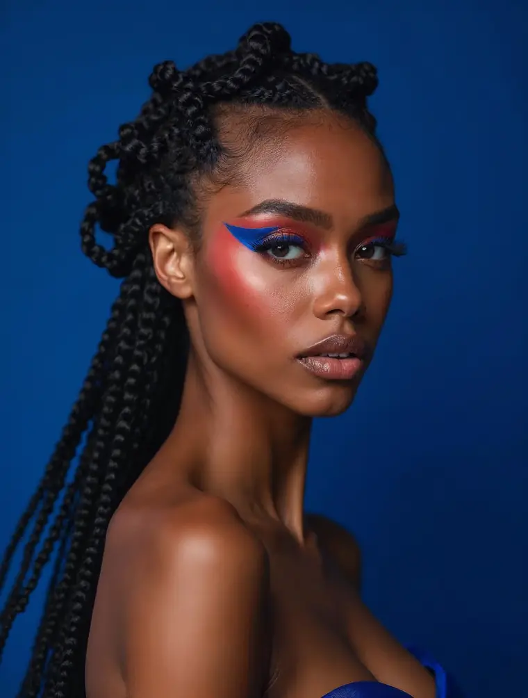 Beautyportret met grafische make-up tegen een kobaltblauwe achtergrond