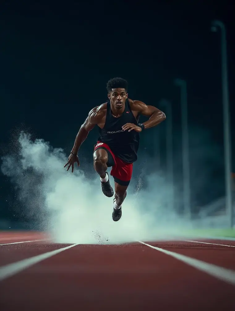Sprinter die uit de startblokken vertrekt op een verlichte atletiekpiste