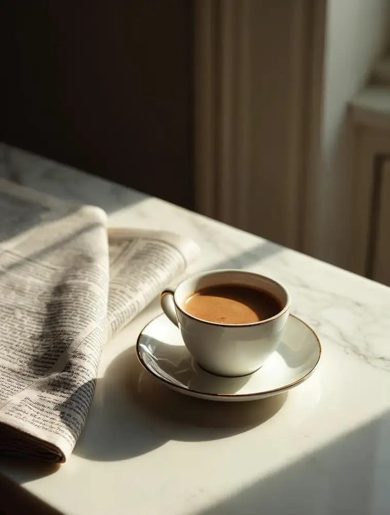 Espresso en een opgevouwen krant op een marmeren blad in strijklicht