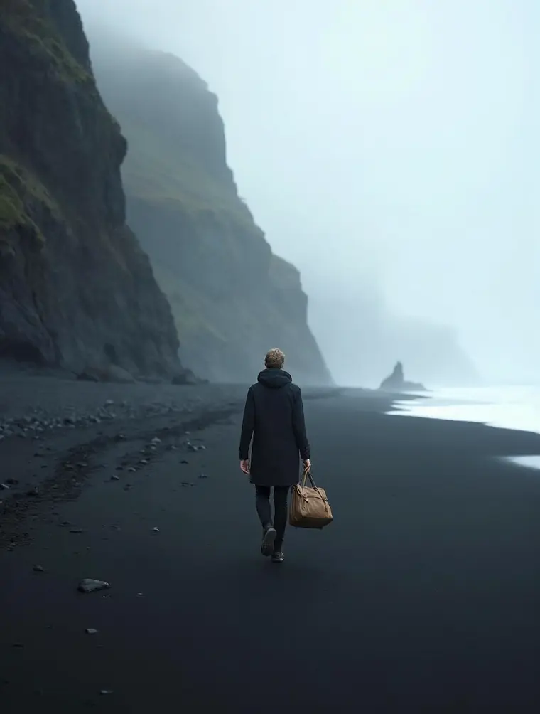 Reiziger op een zwart vulkanisch strand onder hoge kliffen